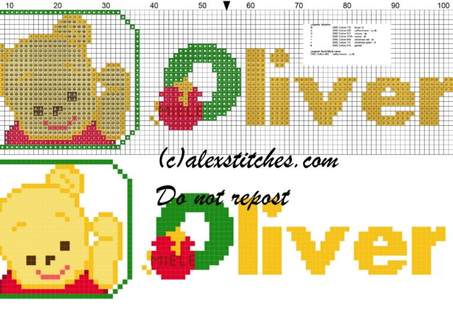 Oliver name with Baby winnie the pooh free cross stitches pattern