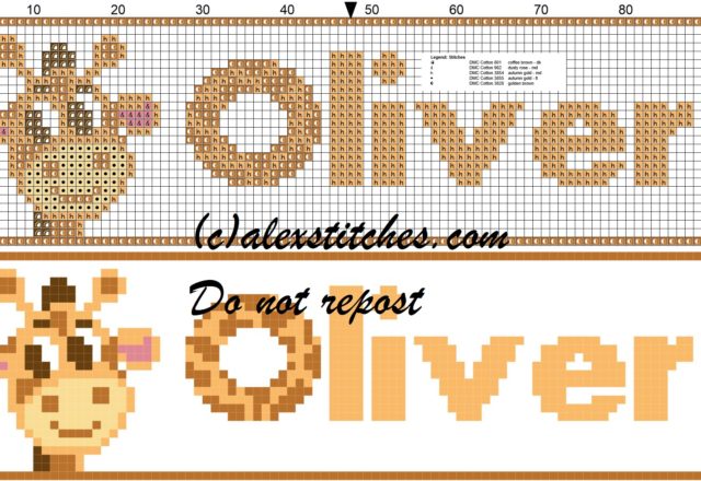 Oliver name with giraffe cross stitch pattern