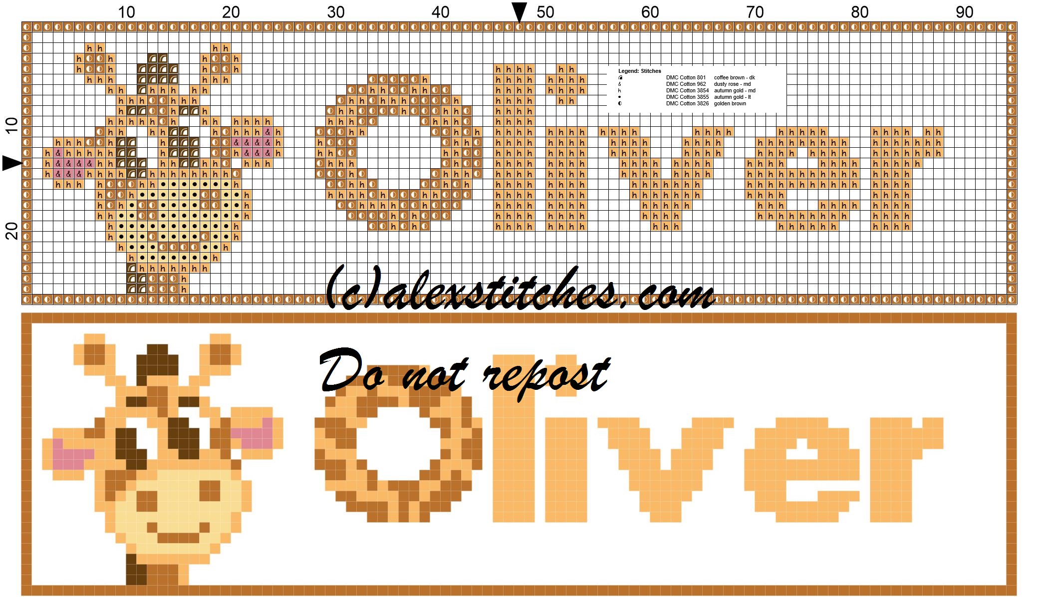 Oliver name with giraffe cross stitch pattern