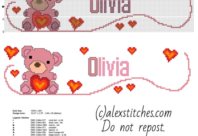 Olivia cross stitch baby name with a teddy bear
