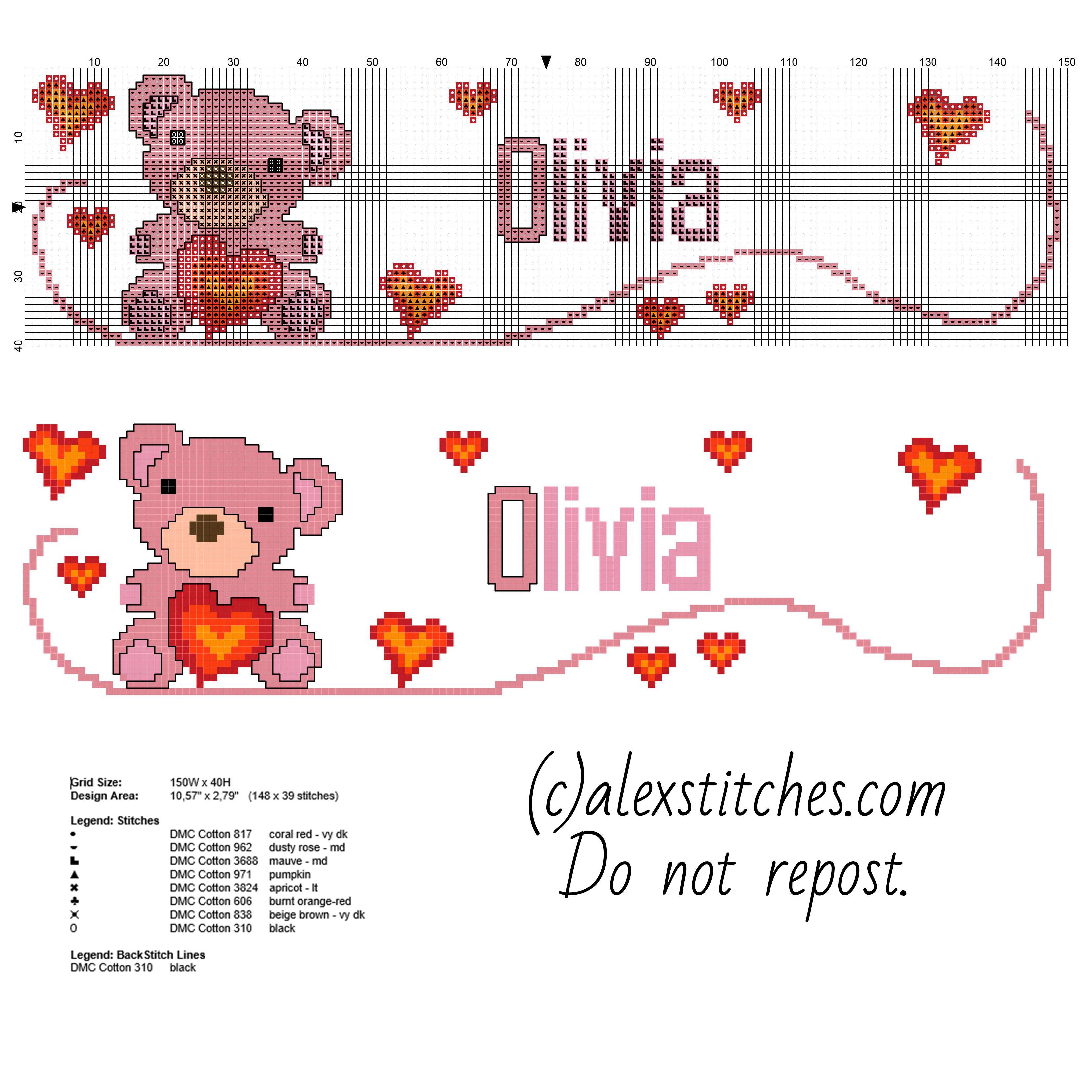Olivia cross stitch baby name with a teddy bear