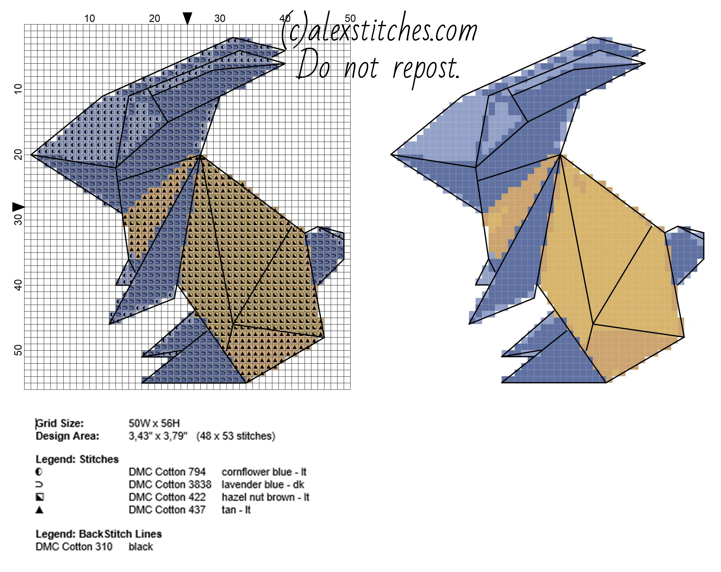 Origami Rabbit from To The Moon indie videogame free cross stitch pattern 48 x 53 stitches 5 DMC threads