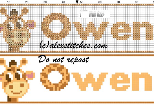 Owen name with giraffe cross stitch pattern