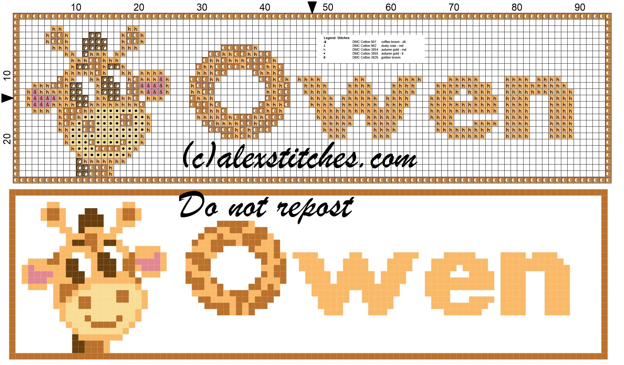 Owen name with giraffe cross stitch pattern