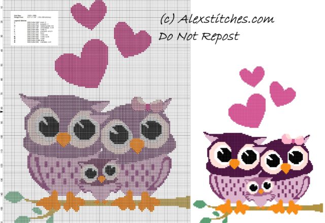 Owls family free cross stitch pattern