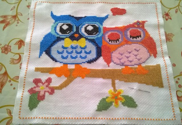 Owls in love cross stitch work photo Facebook Fan Antonella Di Gioia