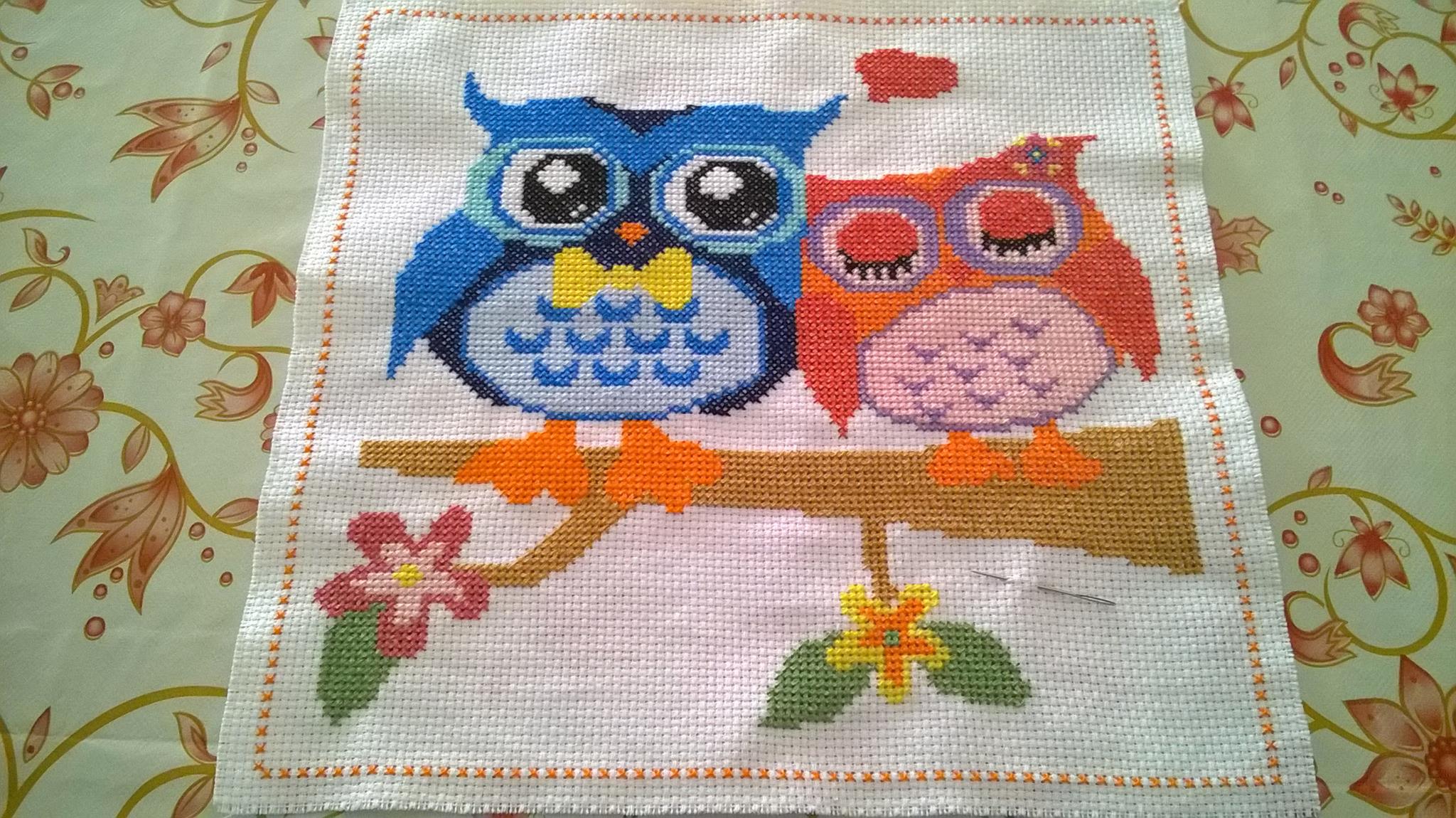 Owls in love cross stitch work photo Facebook Fan Antonella Di Gioia