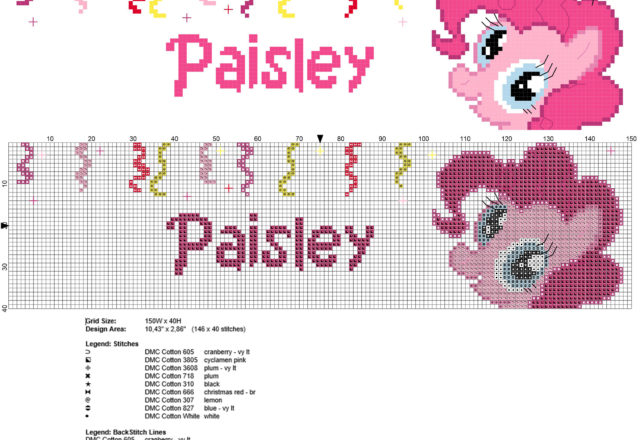 Paisley cross stitch baby name with Pinkie Pie from My Little Pony