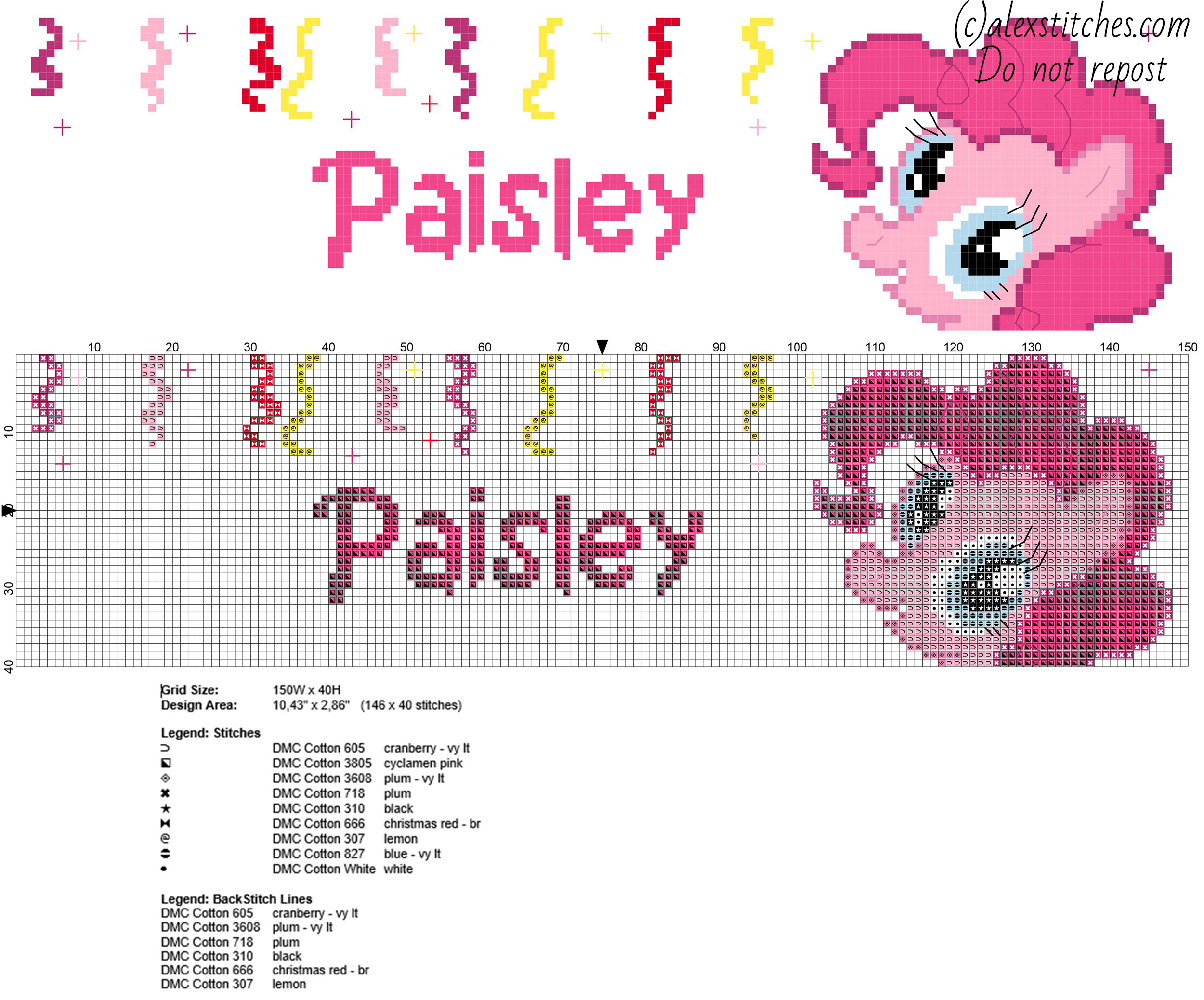 Paisley cross stitch baby name with Pinkie Pie from My Little Pony
