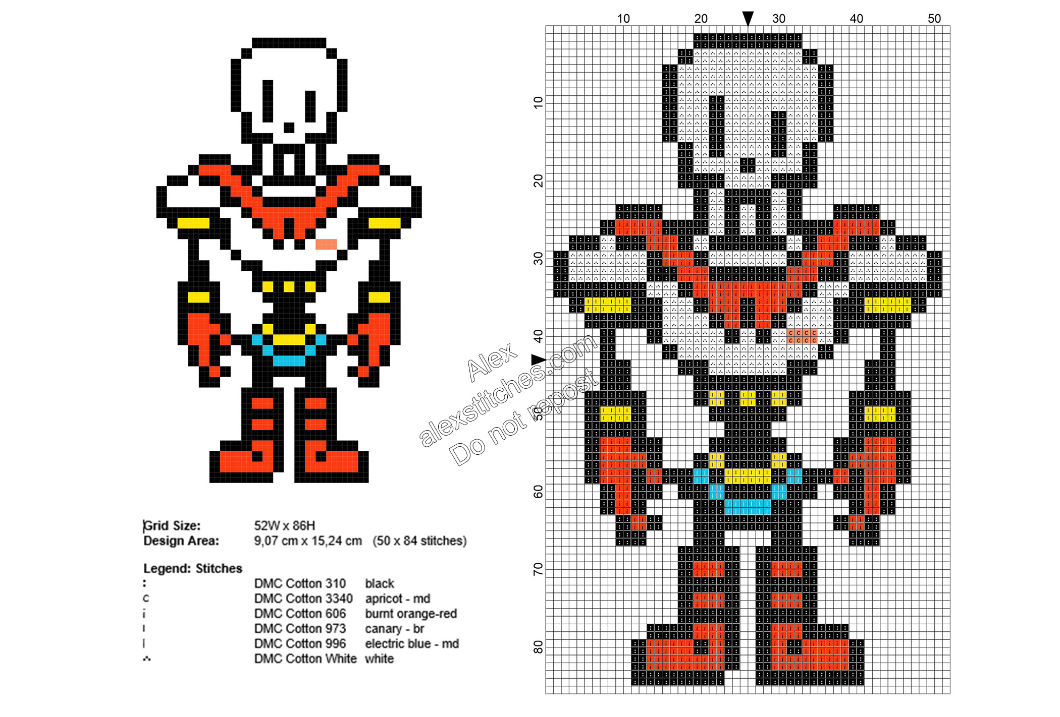 Papyrus Undertale videogame character free cross stitch pattern 50x84