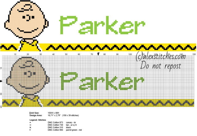 Parker cross stitch baby male name with Charlie Brown Peanuts cartoons