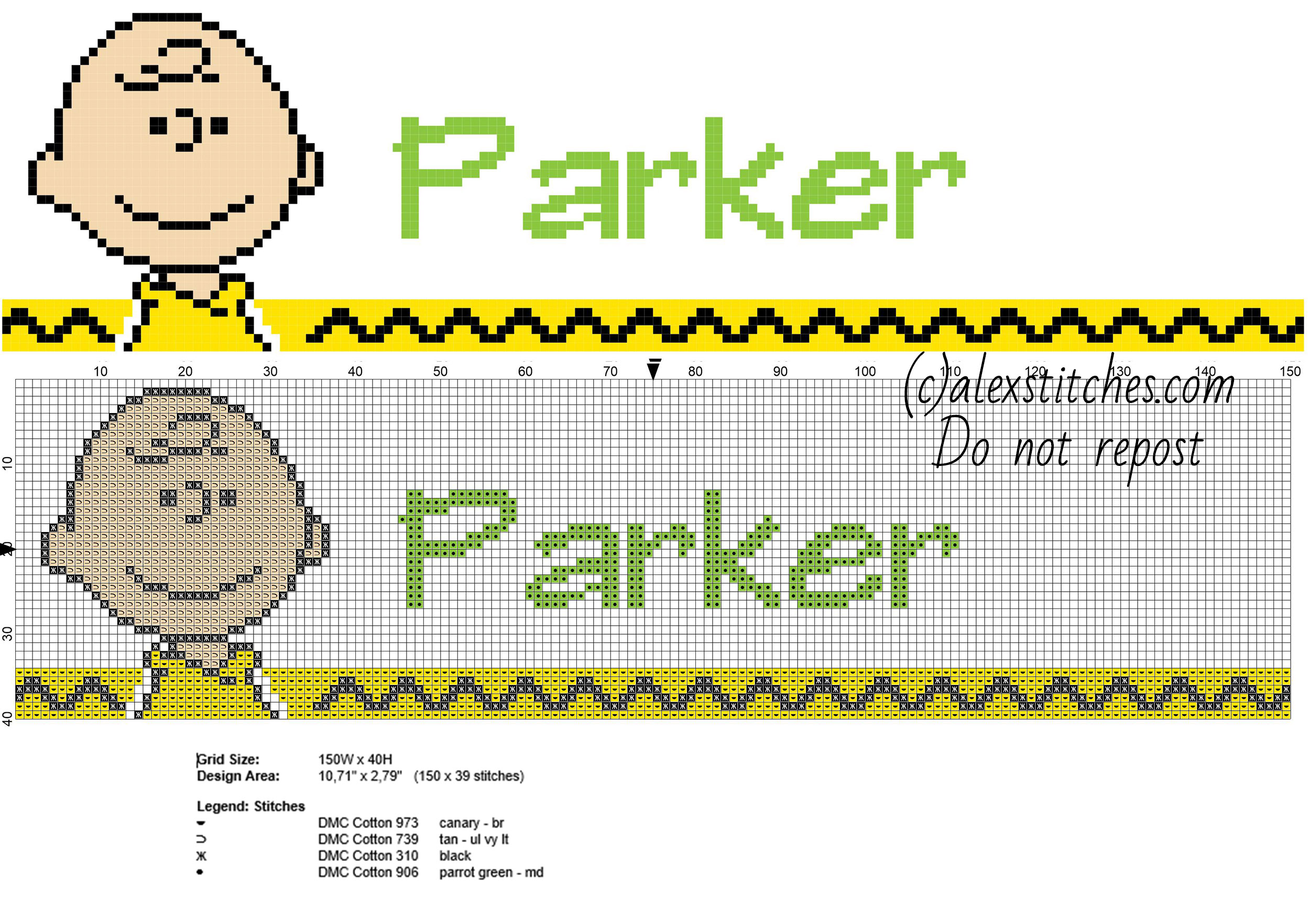 Parker cross stitch baby male name with Charlie Brown Peanuts cartoons
