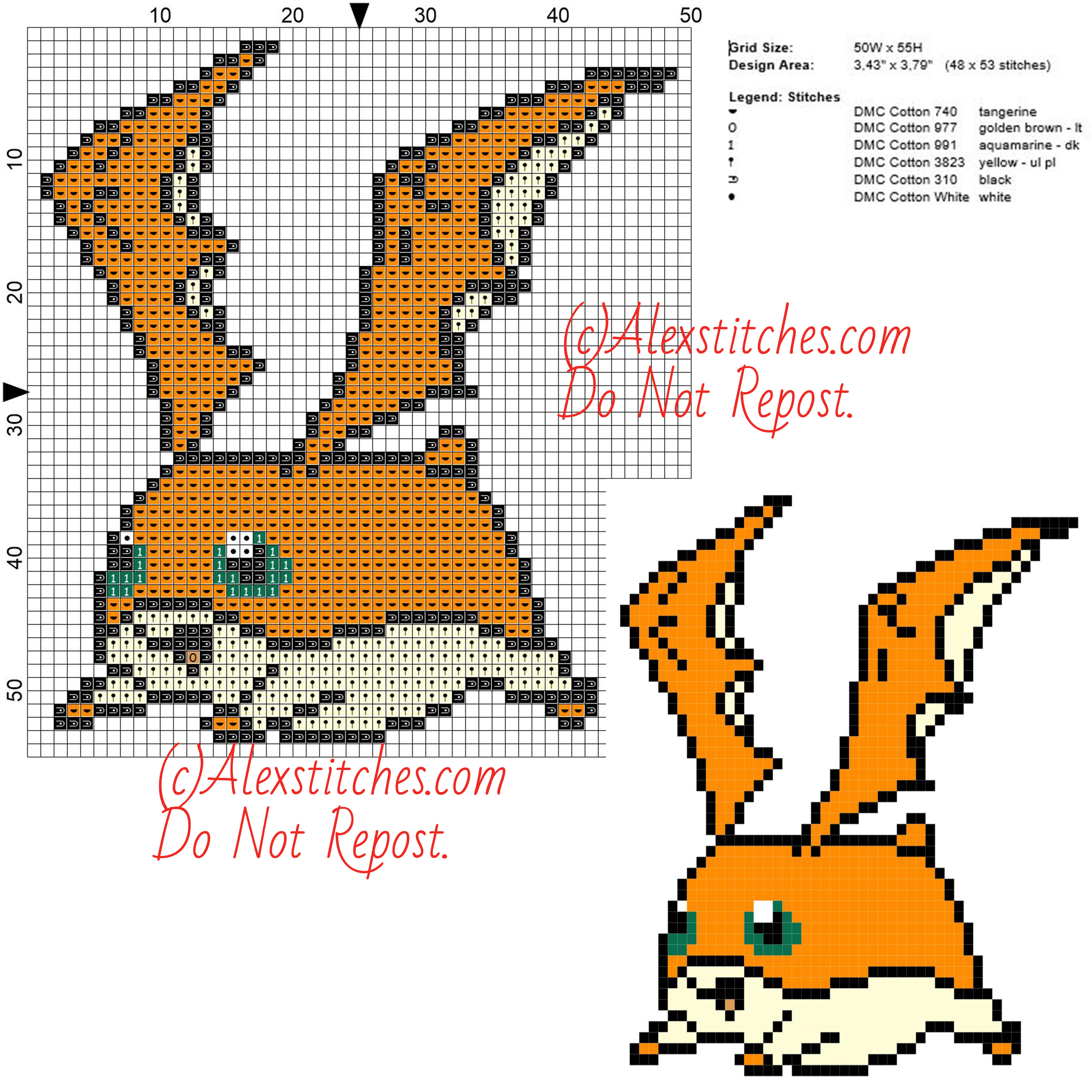 Patamon free cross stitch pattern Digimon 50x55 6 colors