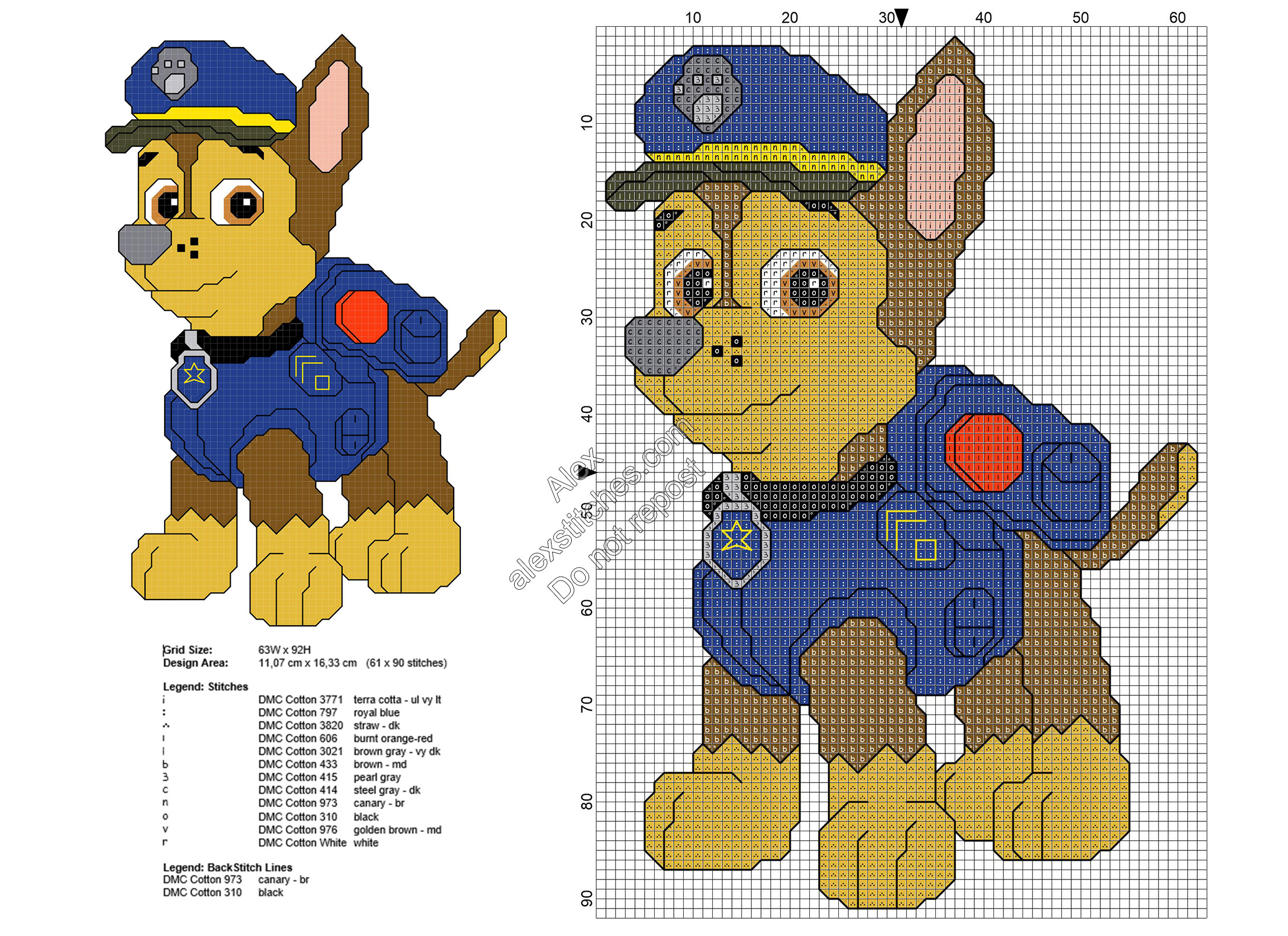 Paw Patrol Chase free cross stitch pattern 61x90