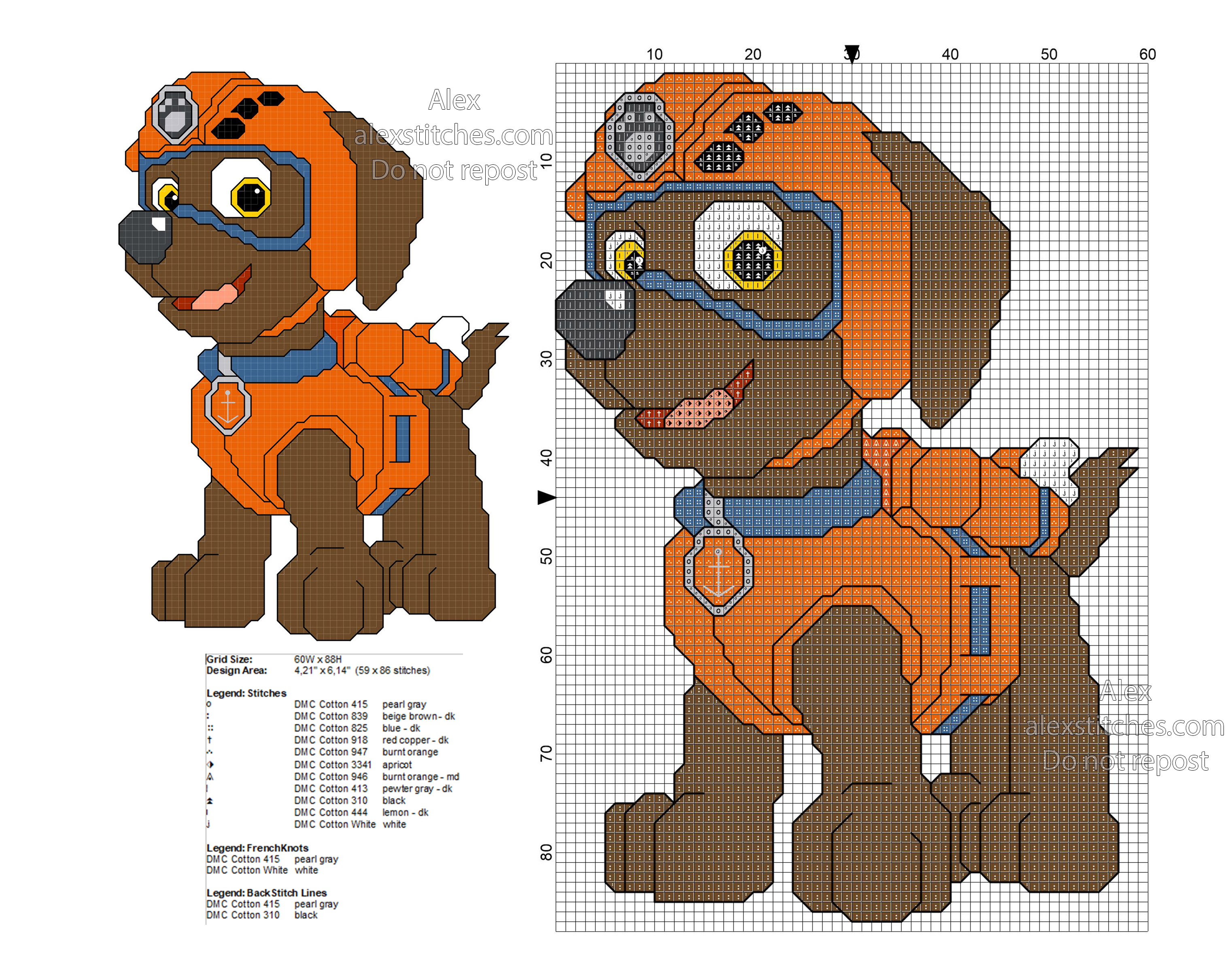 Paw Patrol Zuma free cross stitch pattern 59x86