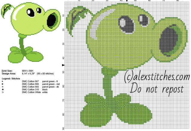 Peashooter Plants vs Zombies videogame free cross stitch pattern