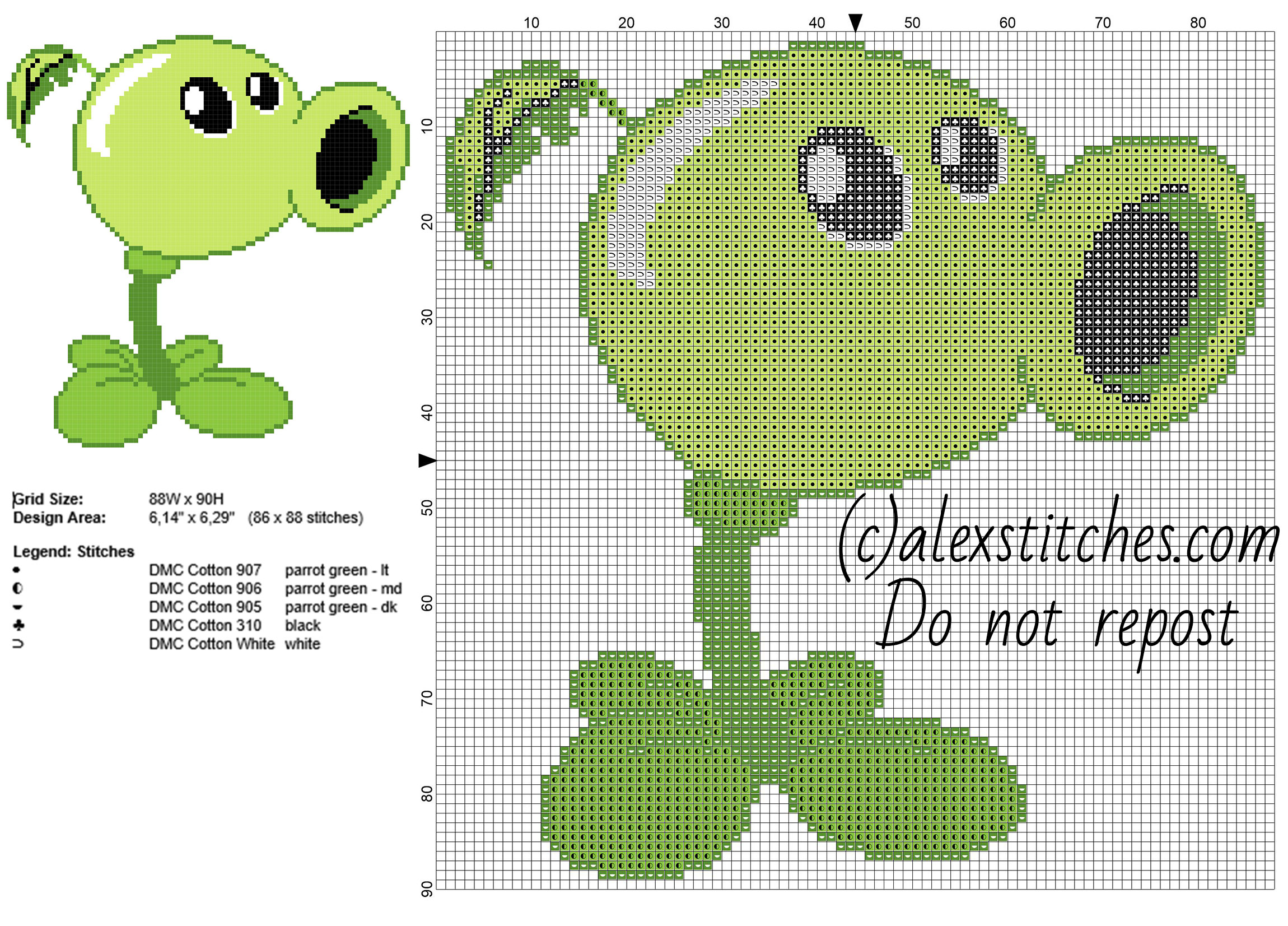 Peashooter Plants vs Zombies videogame free cross stitch pattern