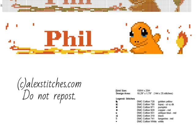 Phil cross stitch baby male name with Pokemon Charmander baby bib idea