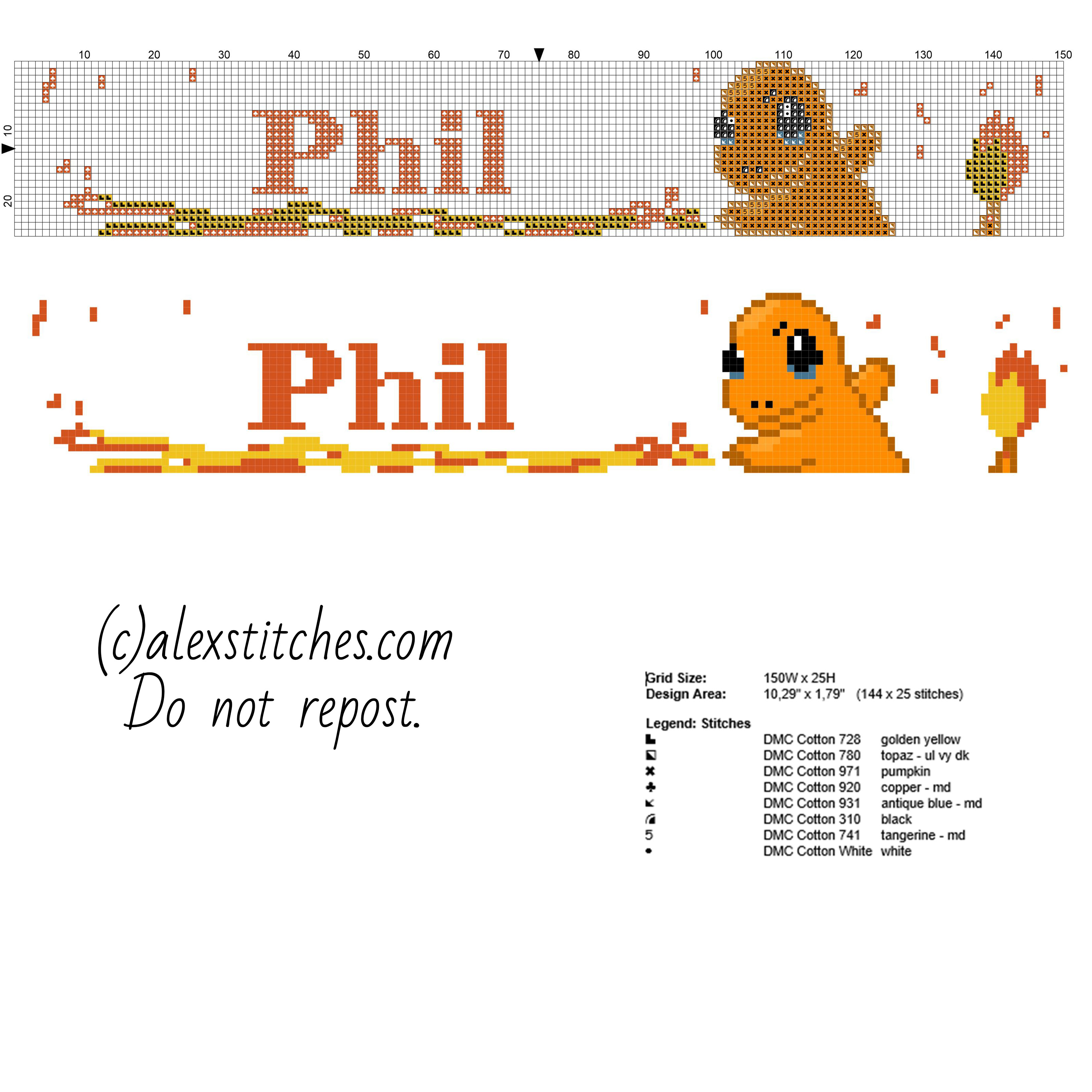 Phil cross stitch baby male name with Pokemon Charmander baby bib idea