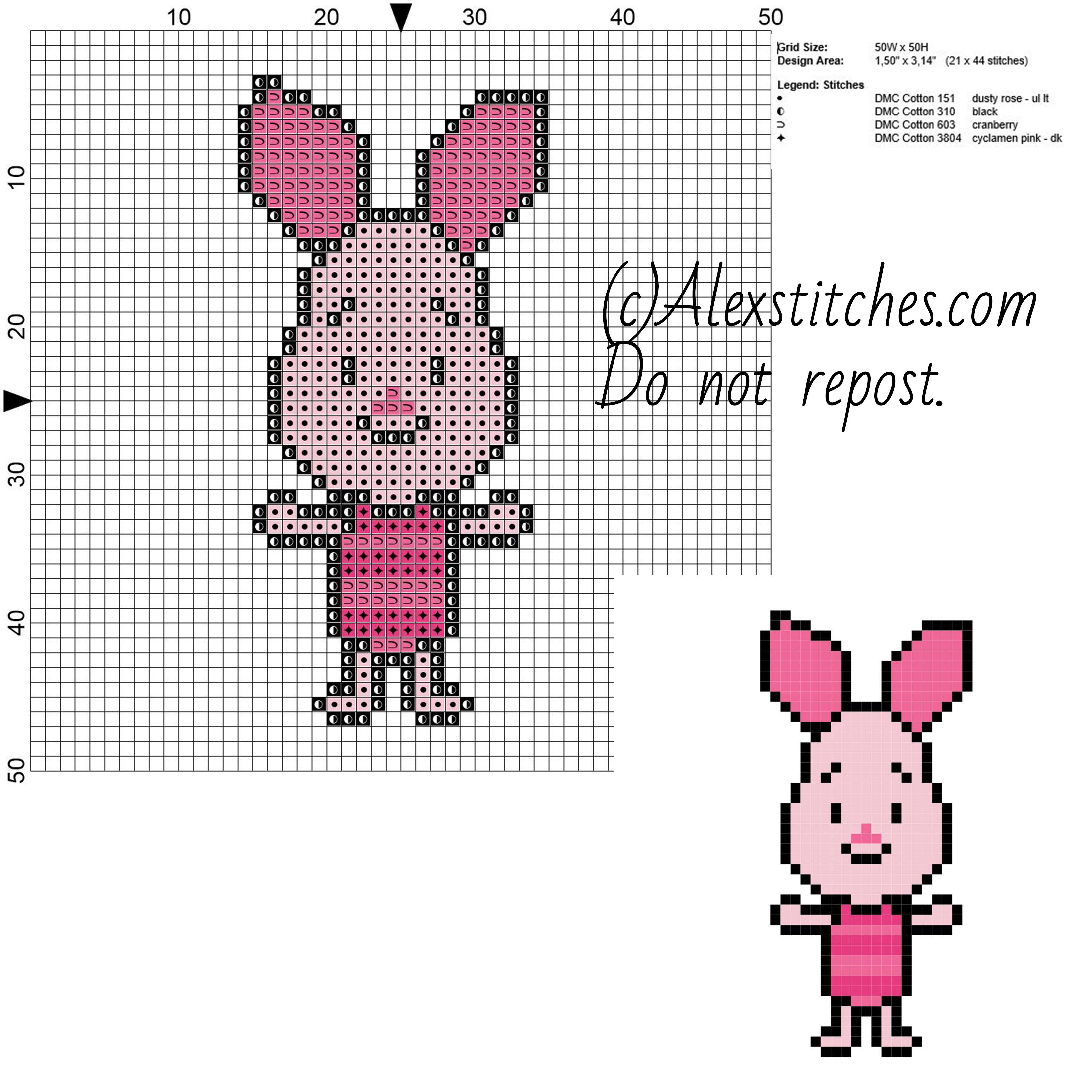 Piglet Disney Cuties free cross stitch pattern 50x50 4 colors