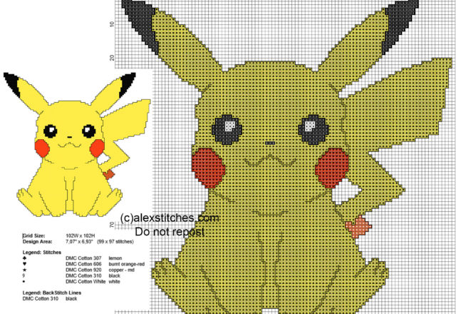Pikachu free back stitch cross stitch pattern