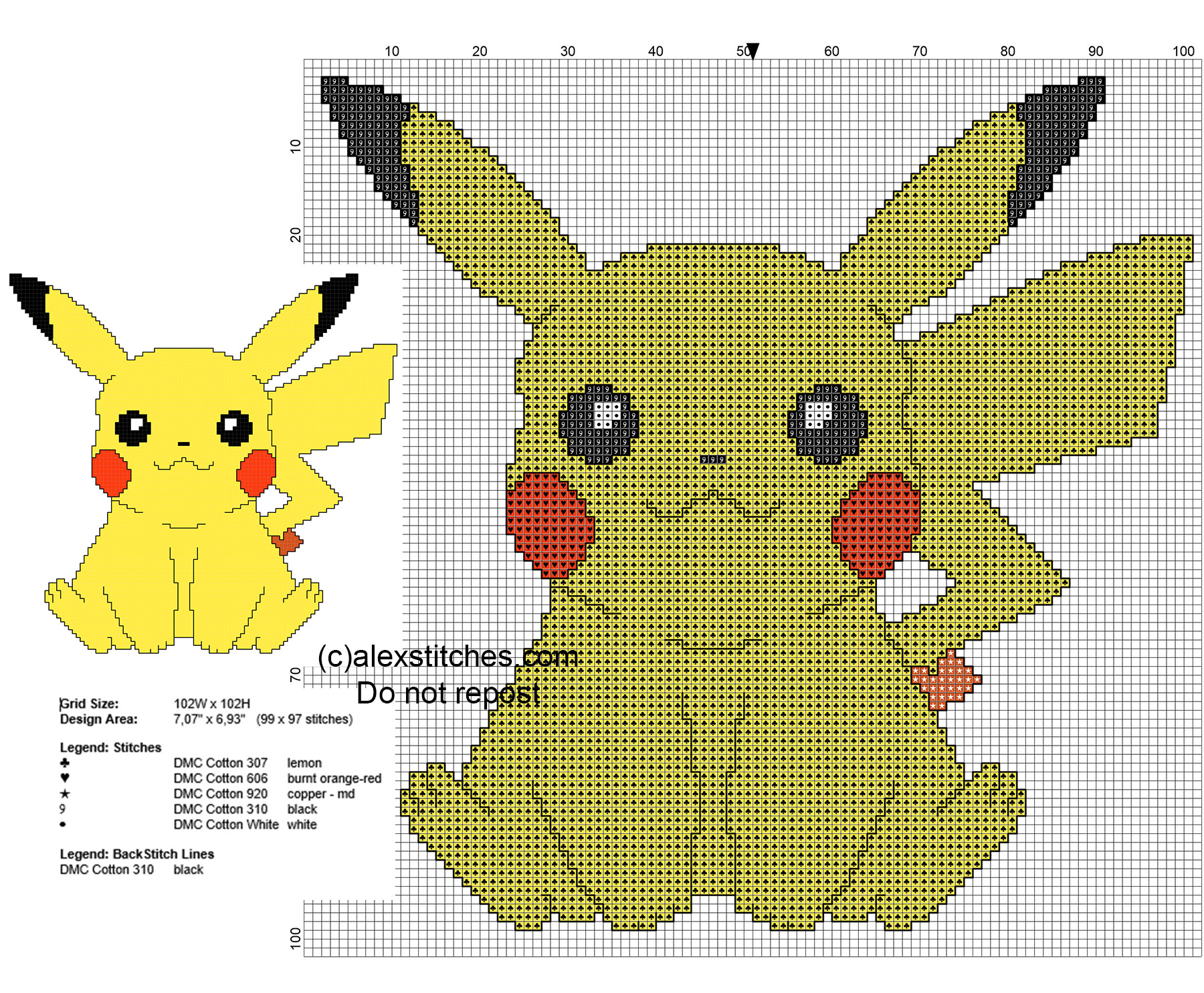 Pikachu free back stitch cross stitch pattern