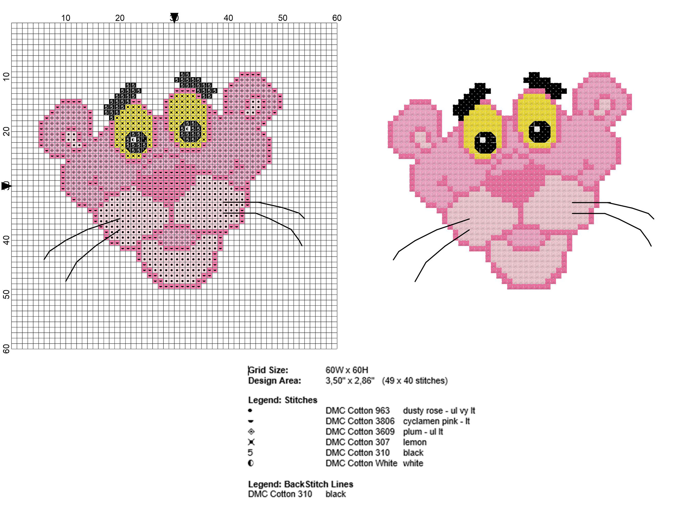 Pink Panther face cross stitch pattern in 40 stitches