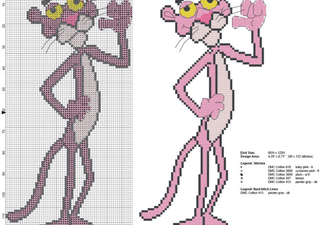 Pink Panther full figure cross stitch pattern