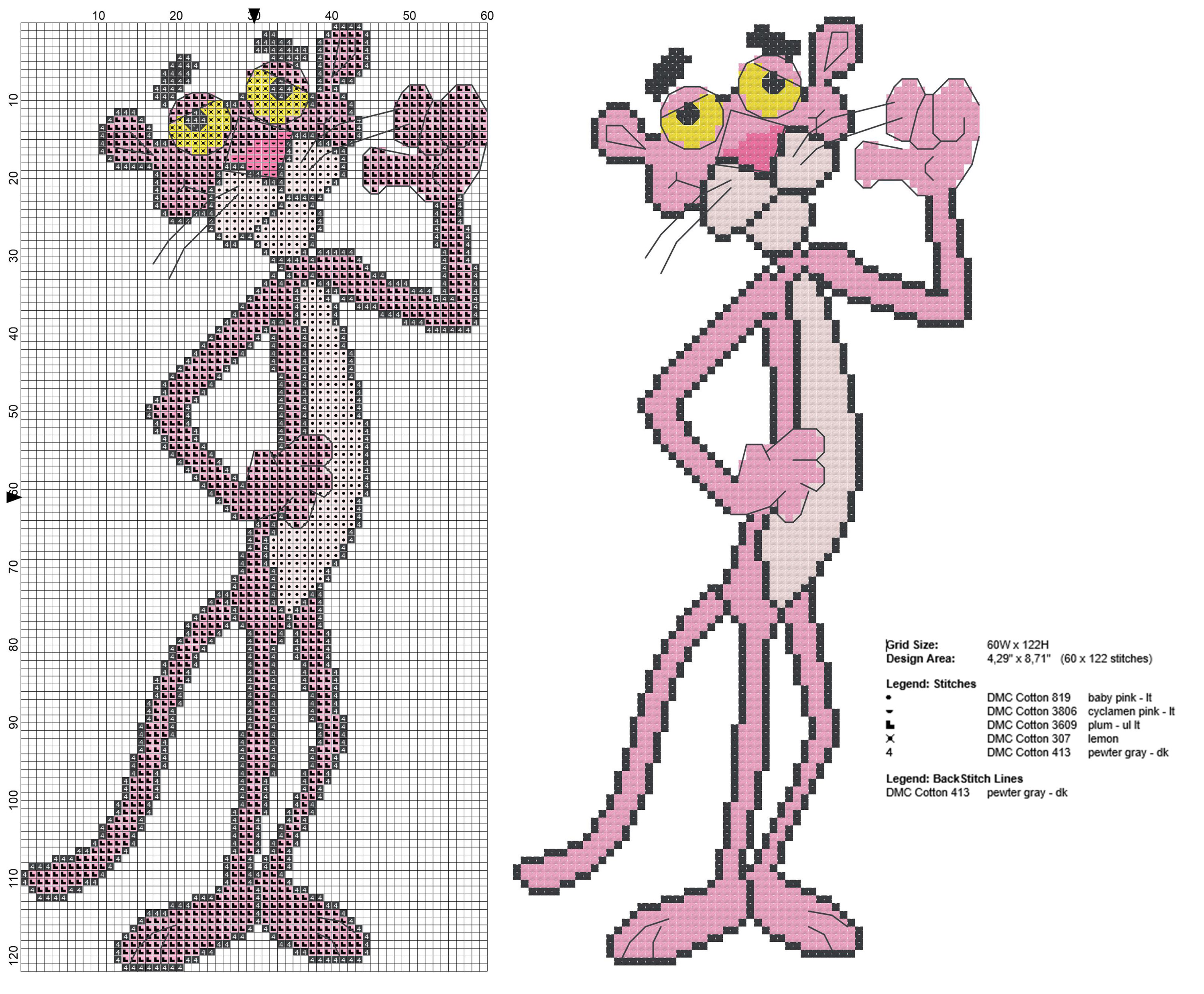 Pink Panther full figure cross stitch pattern