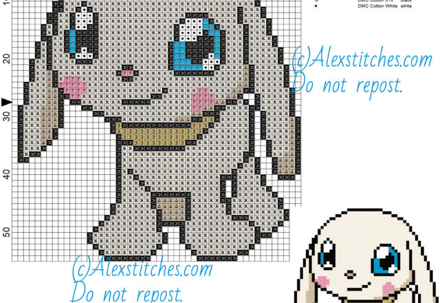 Plotmon Digimon free cross stitch pattern 50x55 7 colors