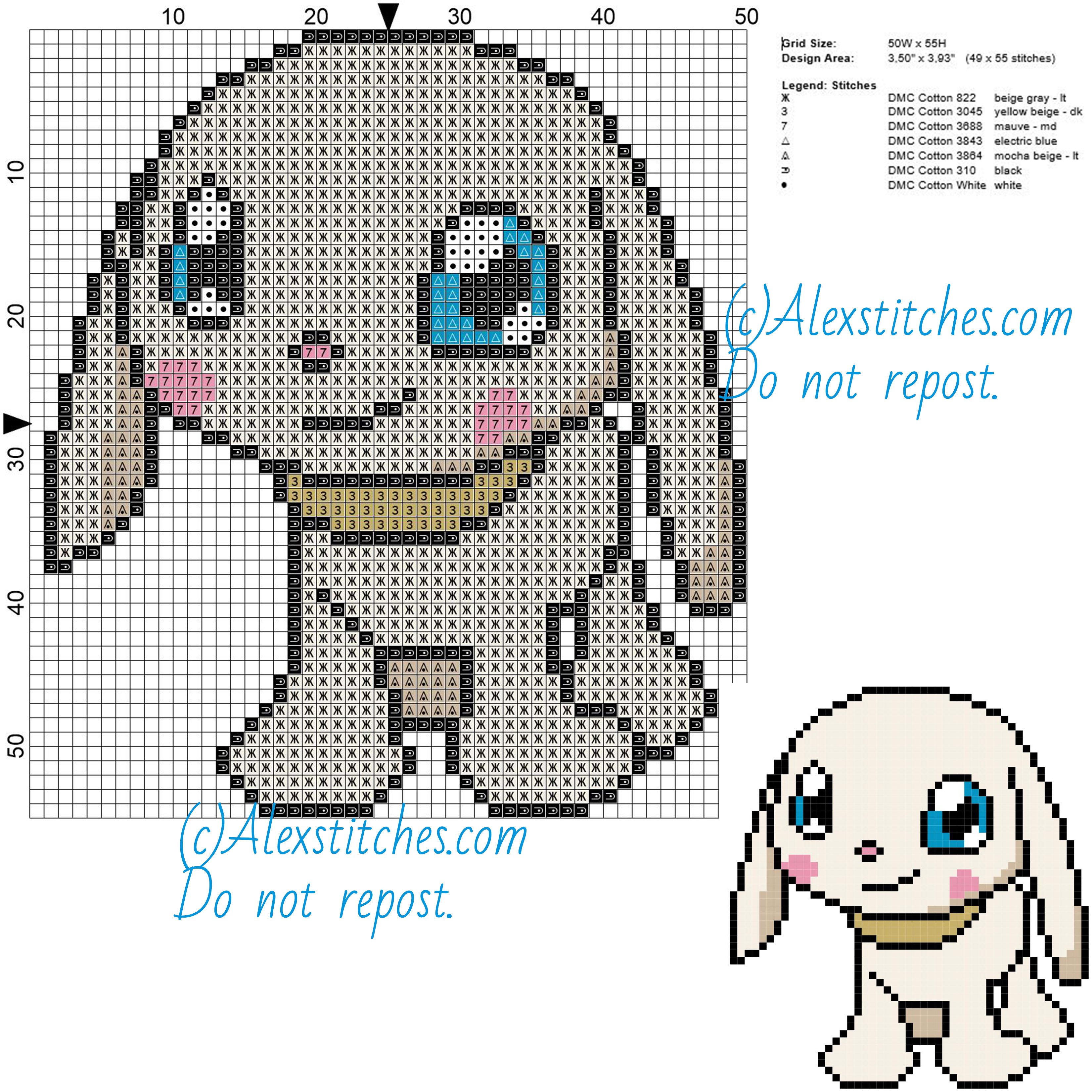 Plotmon Digimon free cross stitch pattern 50x55 7 colors