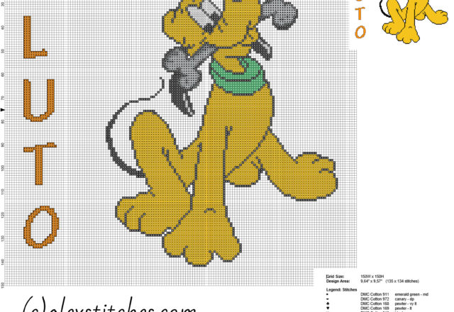 Pluto Disney Mickey Mouse character free cross stitch pattern big size