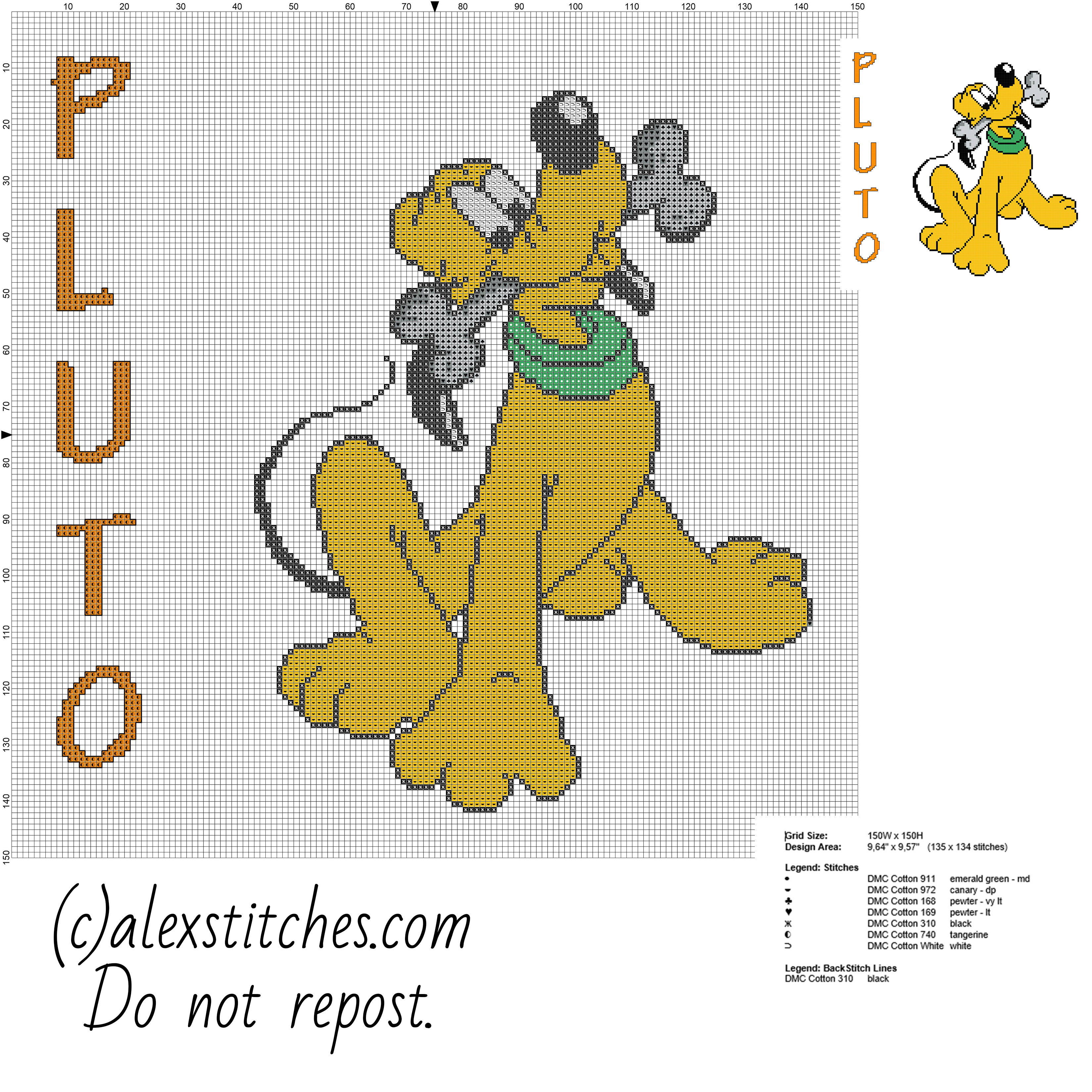 Pluto Disney Mickey Mouse character free cross stitch pattern big size