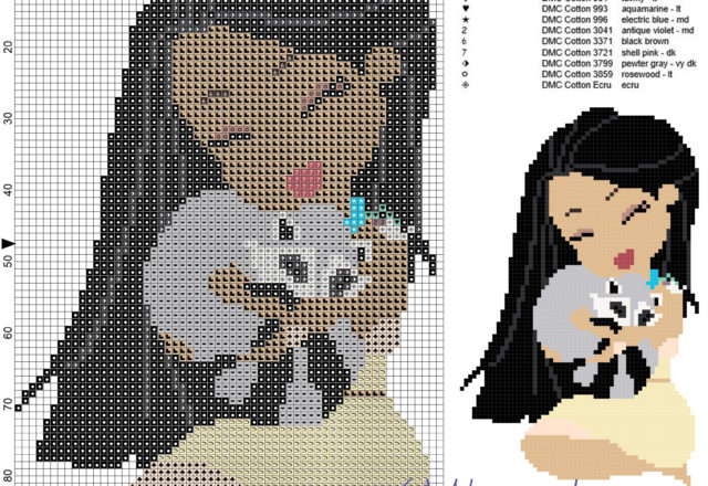 Pocahontas and Meeko free disney cross stitch pattern 60x95 13 colors