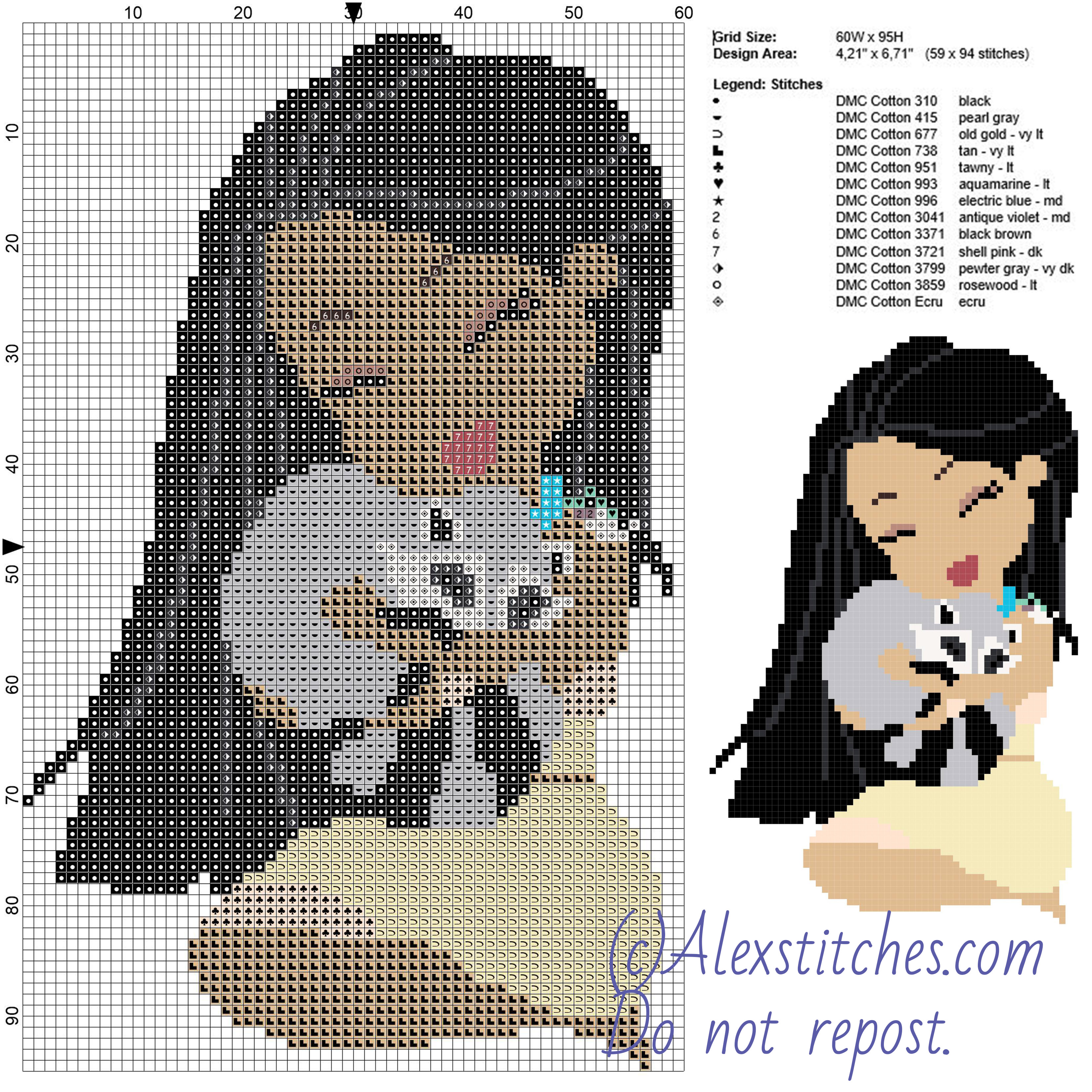 Pocahontas and Meeko free disney cross stitch pattern 60x95 13 colors