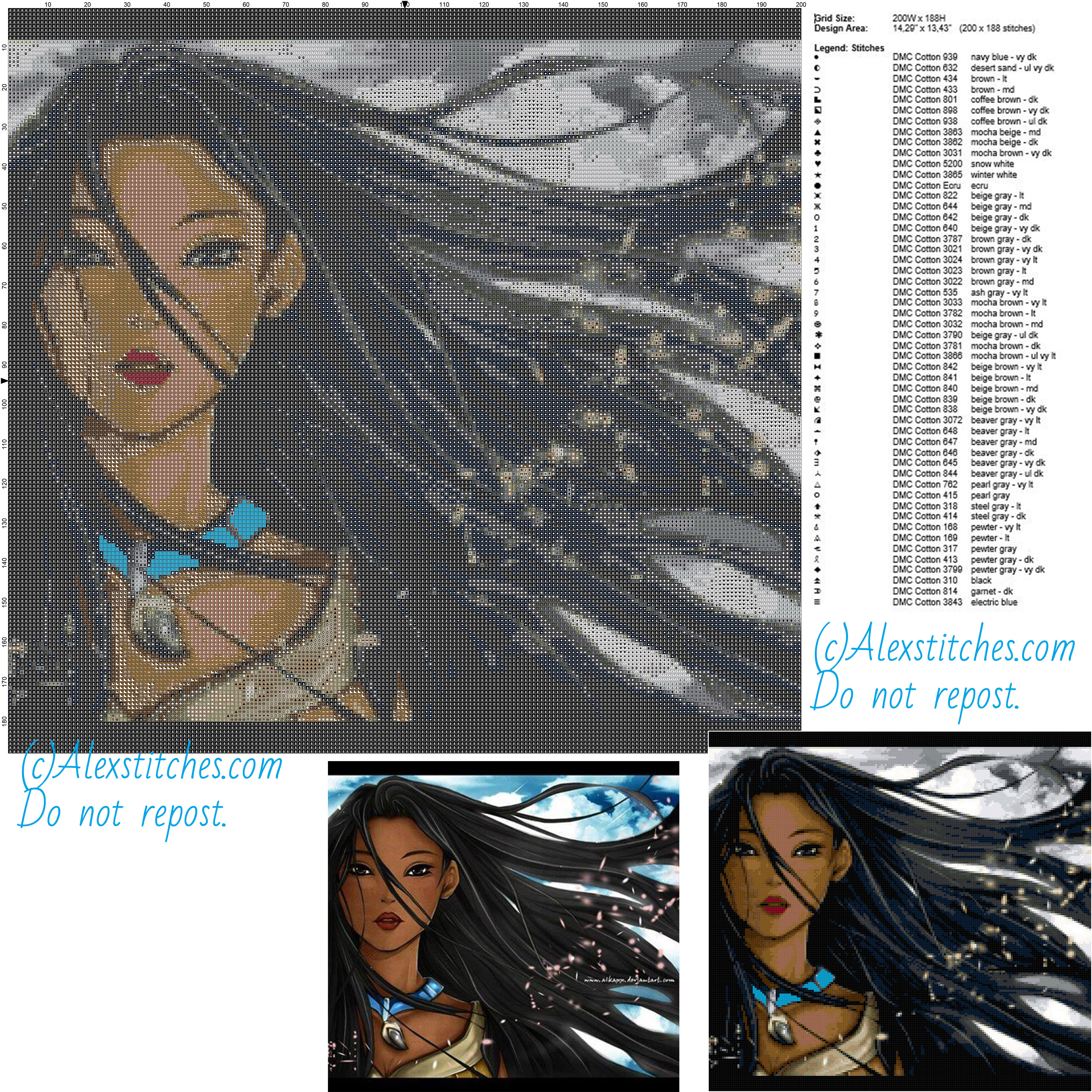 Pocahontas free cross stitch pattern 200x188 52 colors