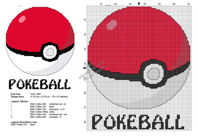 Pokemon Pokeball with text free cross stitch pattern 70x87