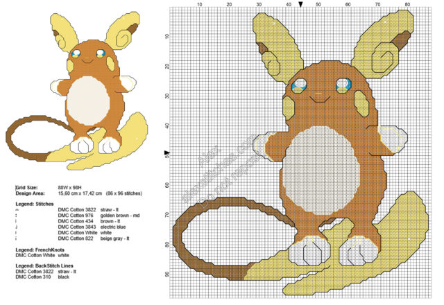 Pokemon Sun Moon Raichu Alola free cross stitch pattern 86x96