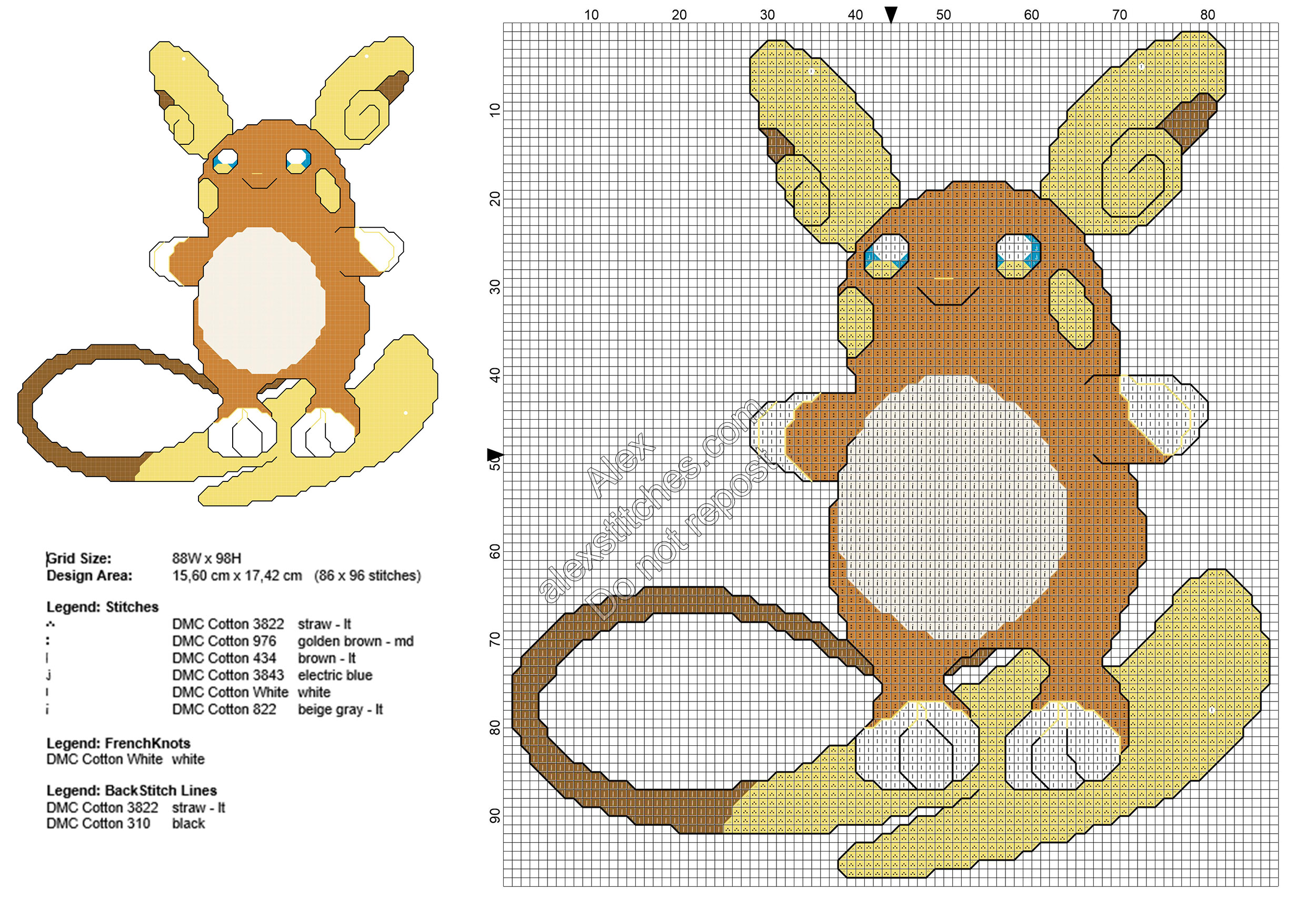 Pokemon Sun Moon Raichu Alola free cross stitch pattern 86x96