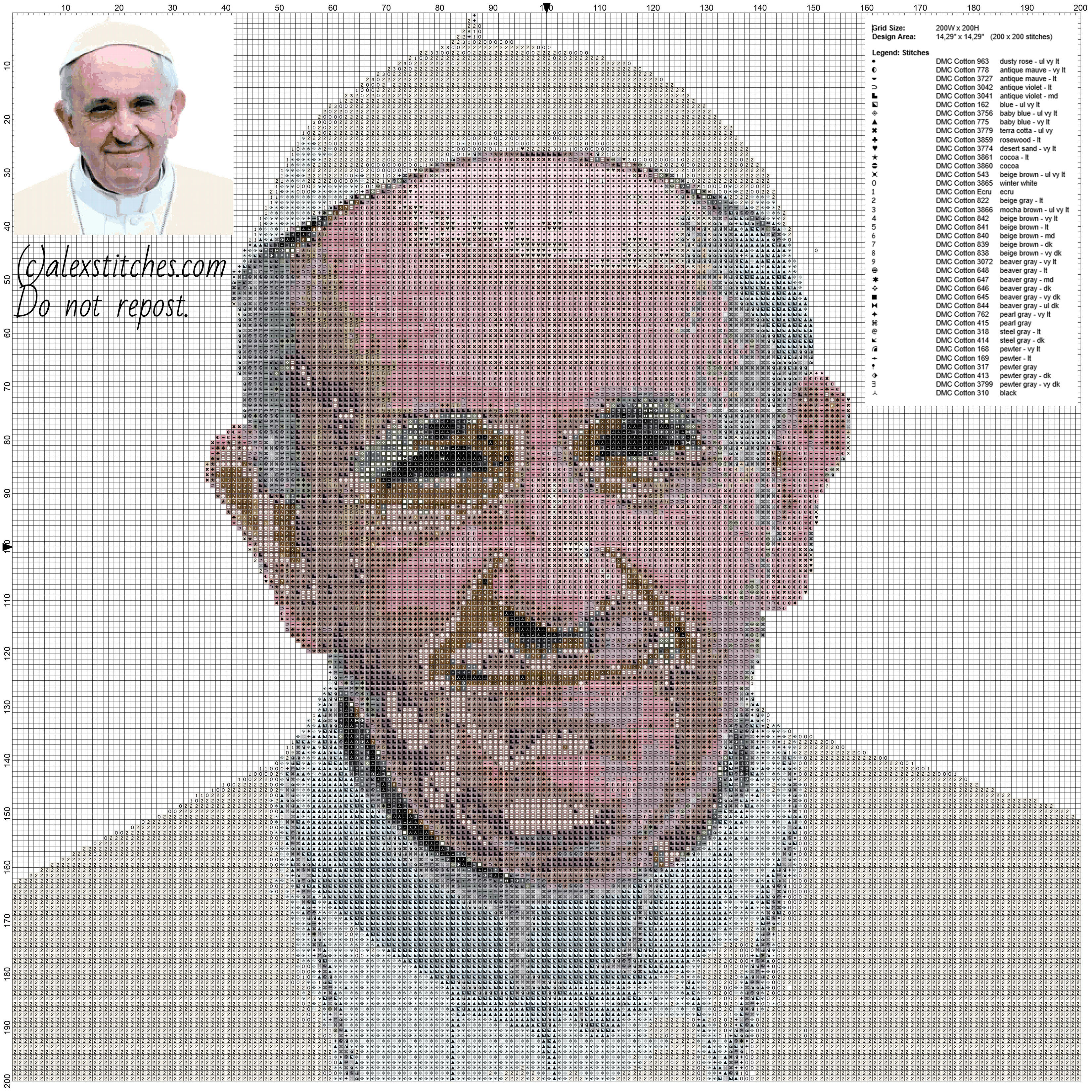 Pope Francis free cross stitch pattern size 200 x 200 stitches colors threads DMC 39