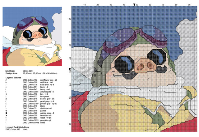 Porco Rosso anime Studio Ghibli Miyazaki free cross stitch pattern 96x96