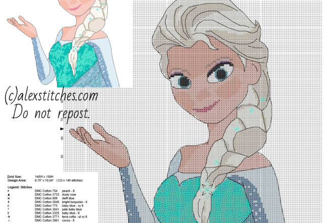 Princess Elsa from Disney Frozen cartoon free cross stitch pattern 123 x 149 17 colors