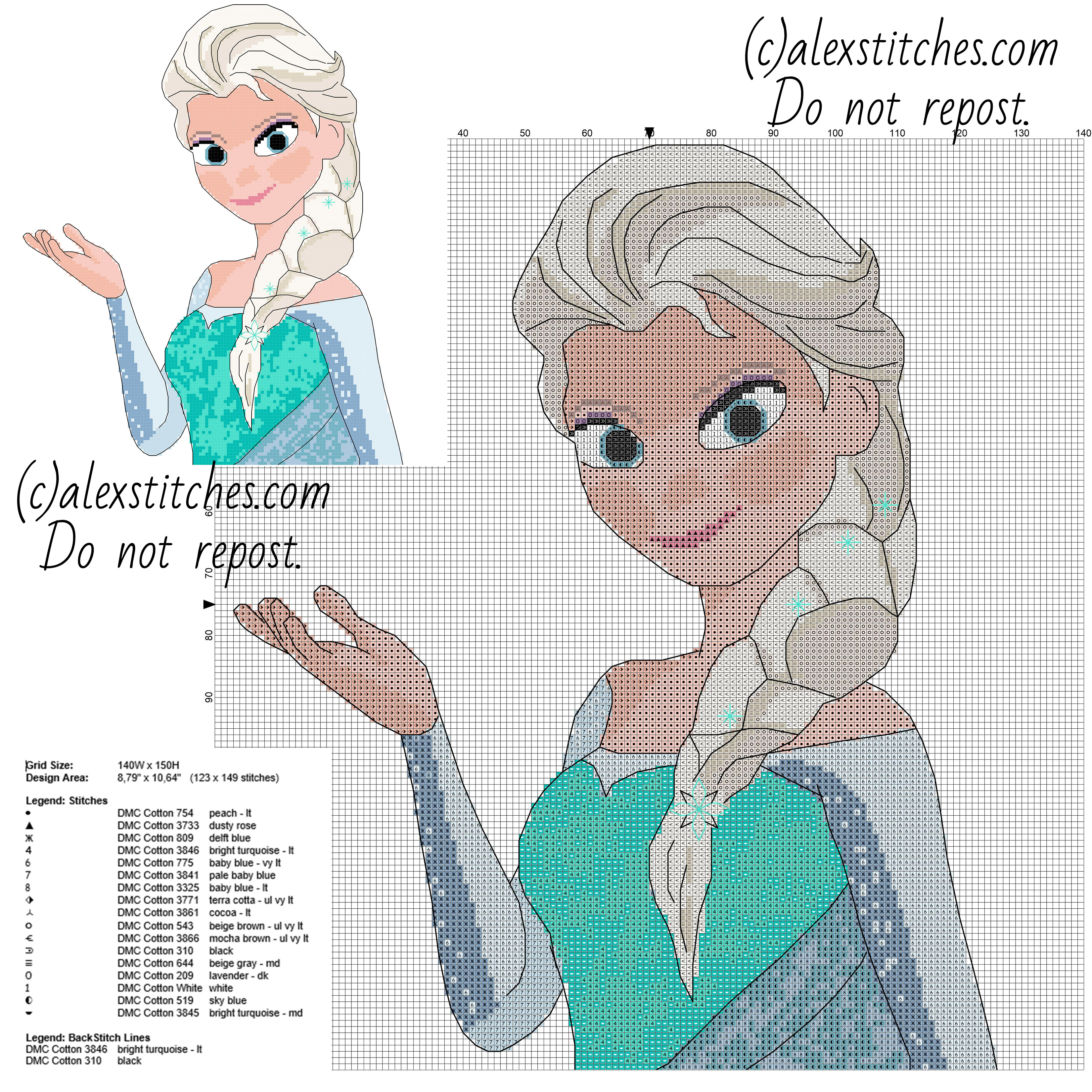 Princess Elsa from Disney Frozen cartoon free cross stitch pattern 123 x 149 17 colors