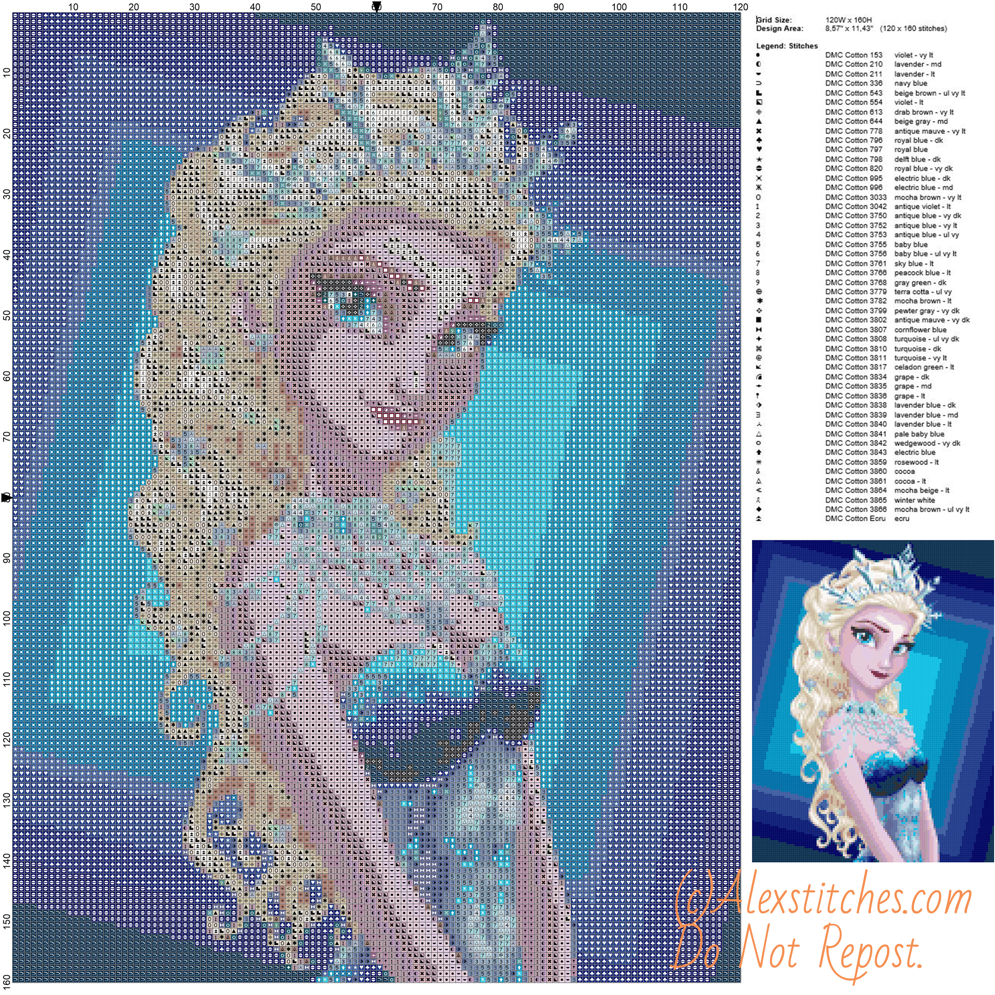 Queen Elsa Frozen free cross stitch pattern 120x160 50 colori