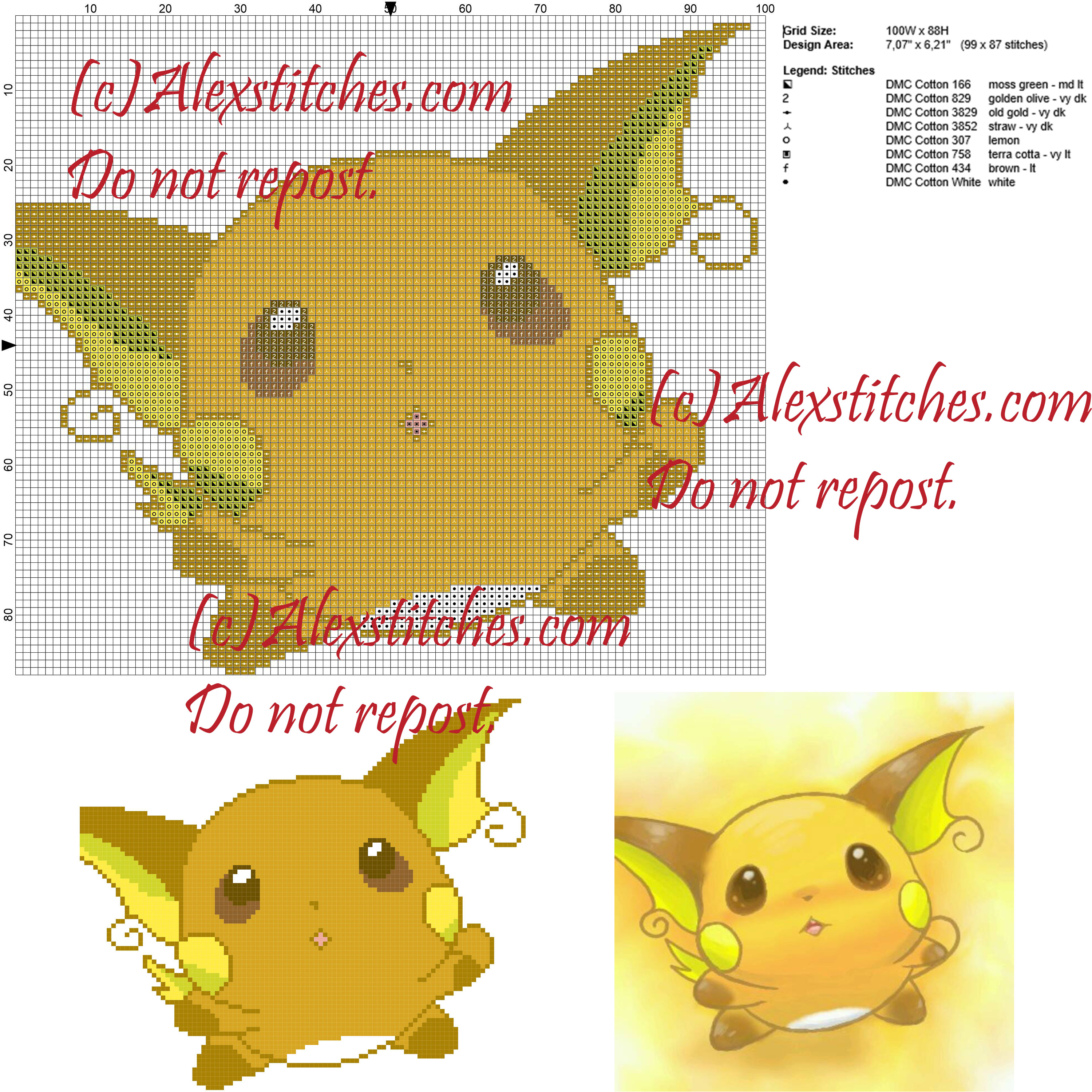 Raichu cross stitch pattern 100x88 8 colors