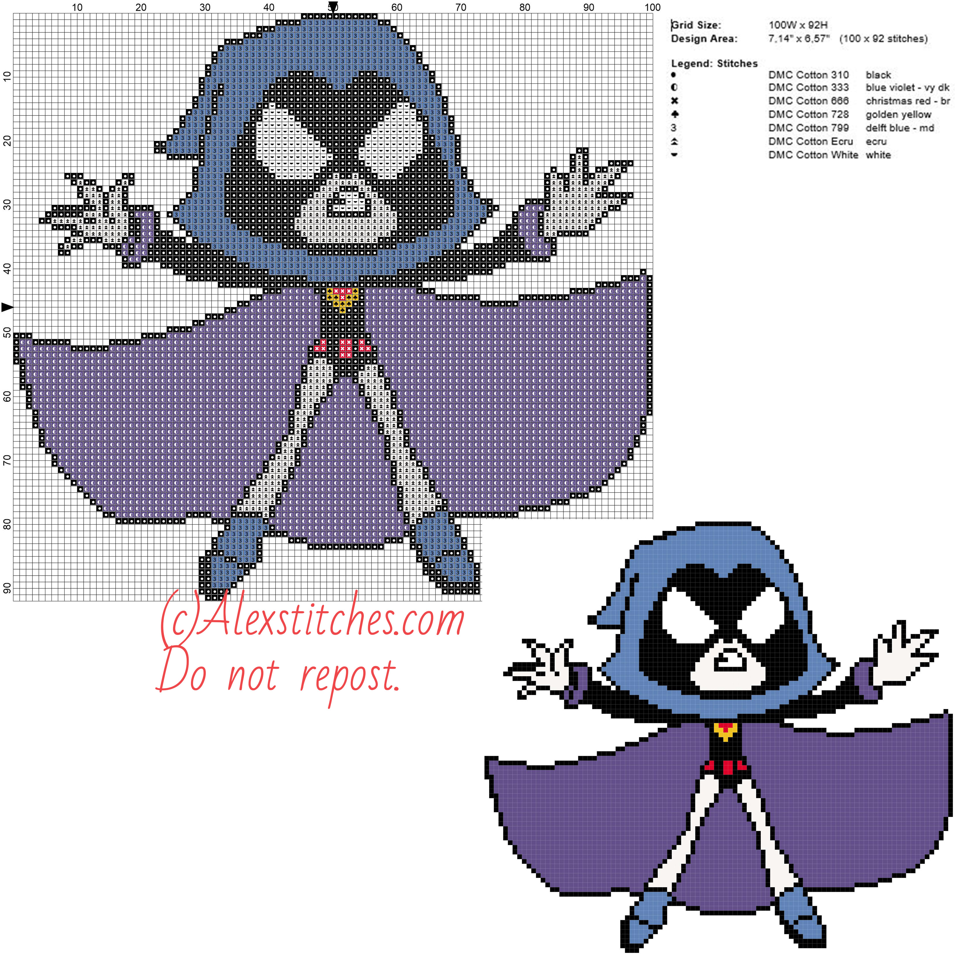 Raven free cross stitch pattern of Teen Titans Go 100x92 7 colors