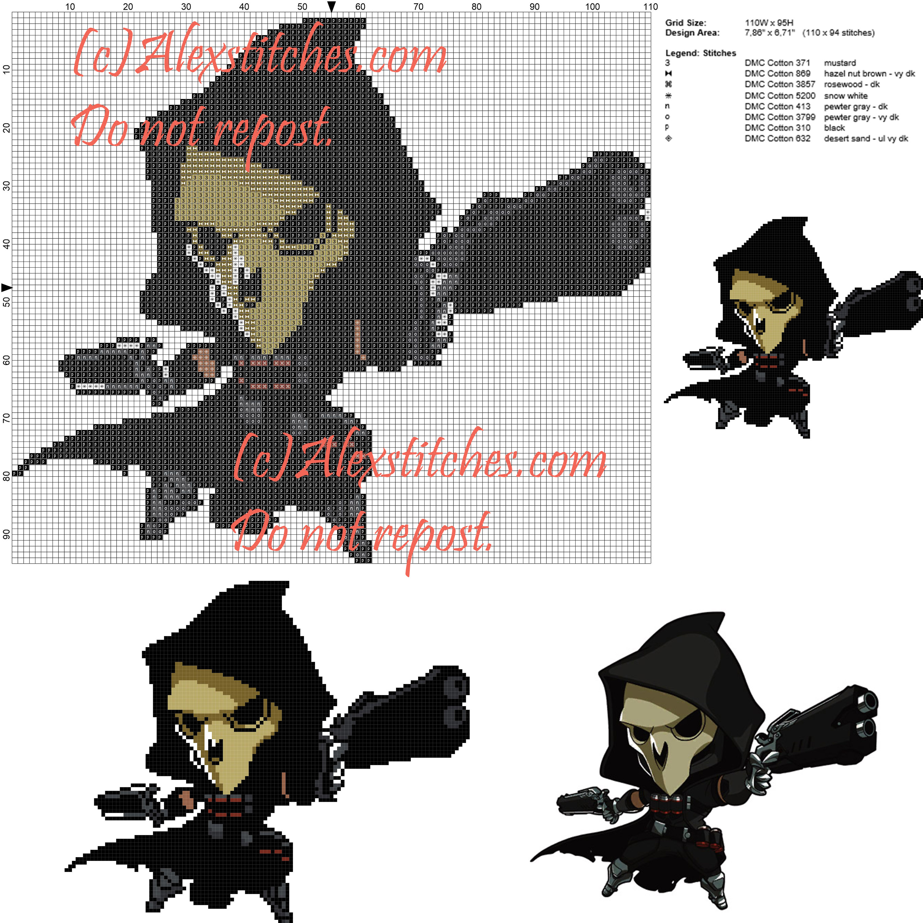 Reaper (Overwatch) cross stitch pattern 110x95 8 colors