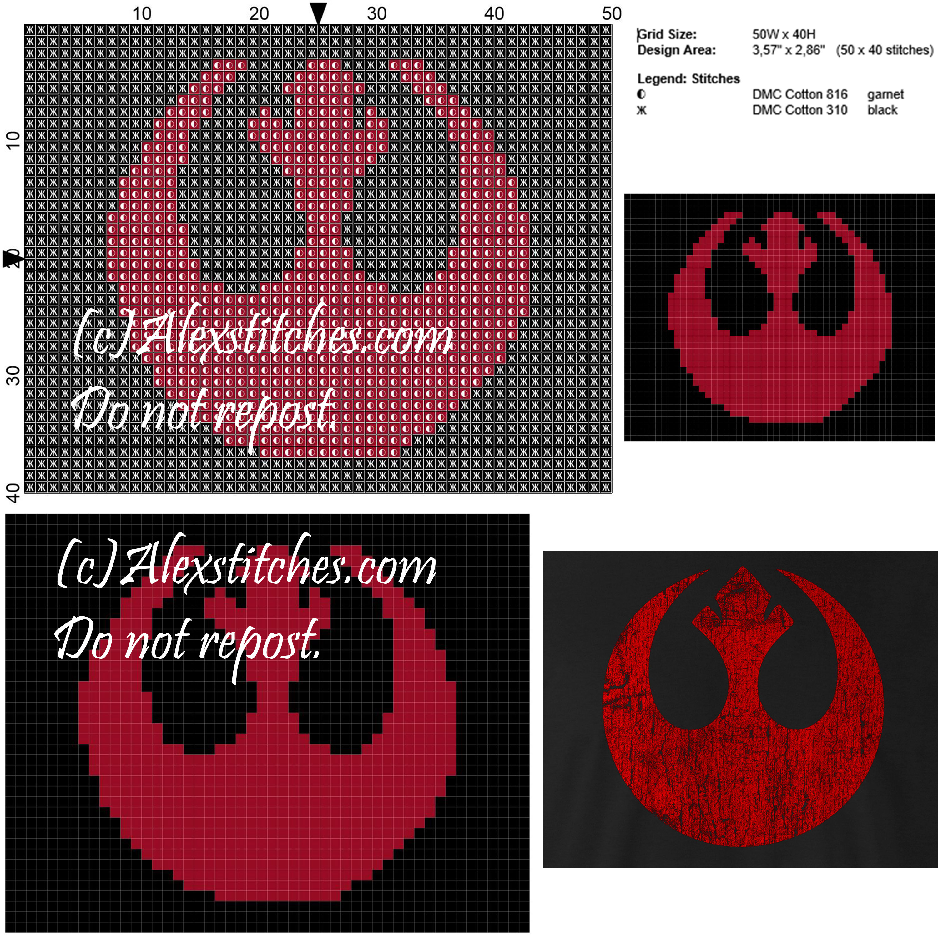 Rebellion symbol (Star Wars) cross stitch pattern 50x40 2 colors