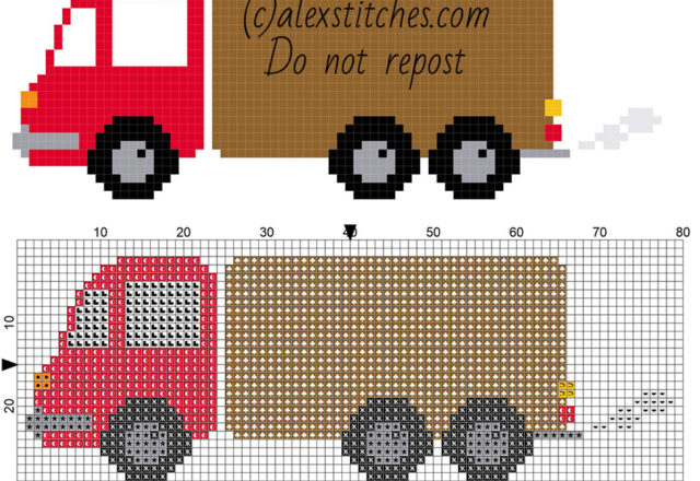 Red colored toy truck small and free cross stitch pattern