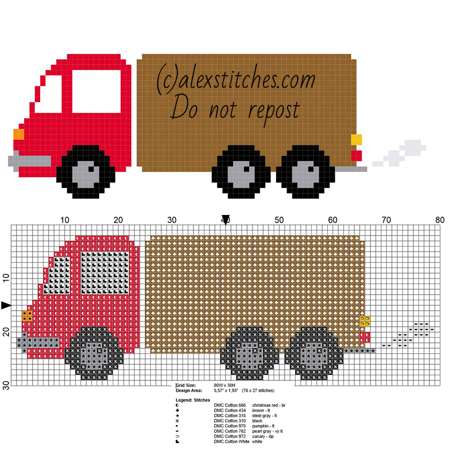 Red colored toy truck small and free cross stitch pattern